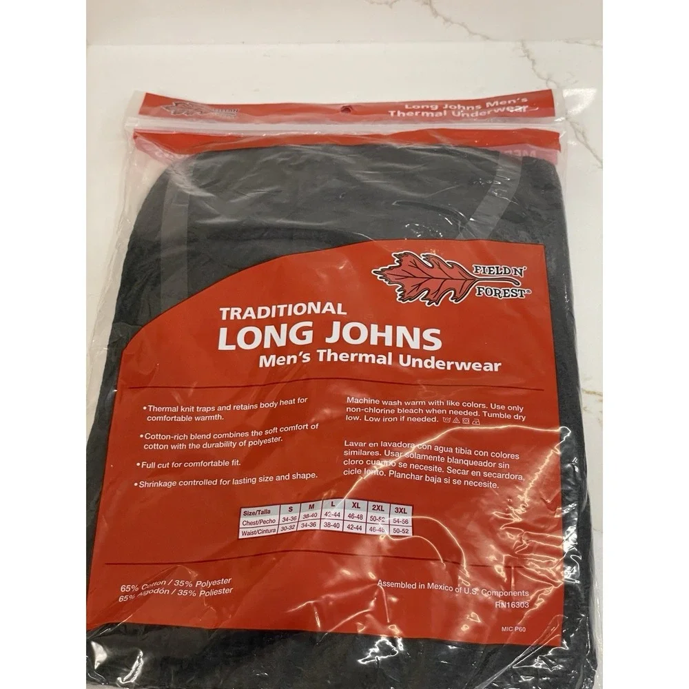 Field N' Forest Long John Pants Men Large‎ Thermal Underwear Black Waffle New